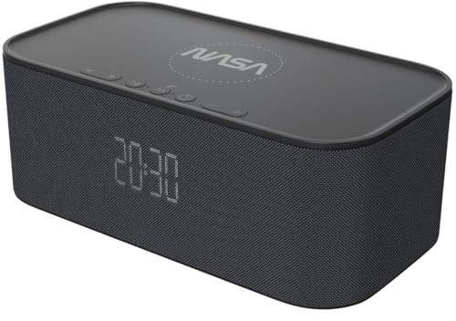 NASA SPC800 Radio Réveil Bluetooth 5.0 avec Enceinte 10W RMS, Charge sans Fil 5W, Double Alarme, Écran LED Blanc, Batterie 2200 mAh, AUX, Noir