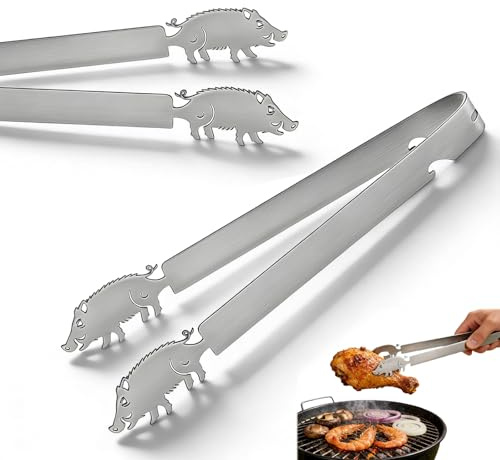 Grillzange Motiv Schweinchen Edelstahl Bratwurstzange für Jagd Jäger Jägerin Weihnachten Männergeschenk Jagdgeschenk Jäger Geschenk, Spülmaschinengeeignet, Silber (Schweinchen)