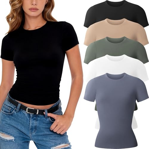 miijoory 5 Pack Womens T Shirts Crew Neck Short Sleeve Women Tops Summer Basic Casual Tees Stretch Fitted Skim Top (M, Black, White, Nude, Olive Green, Blue)