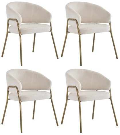 Chaise Salle à Manger, Chaises Salle Manger Lot de 4, Chaise Blanche en Plüsch d’Agneau, Pieds Dorés en Fer Forgé, Dosset Percé Style Moderne Luxueux, Confortable et Décoratif pour Salon Cuisine