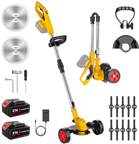 Decespugliatore a Batteria con Ruote, Tagliaerba a Batteria 21V Pieghevole, 500W Tagliabordi Elettrico con 2x 3.0Ah Batterie, 12 Lame, Testa 90°, Compatibile con Makita 18V, per Prato e Giardino