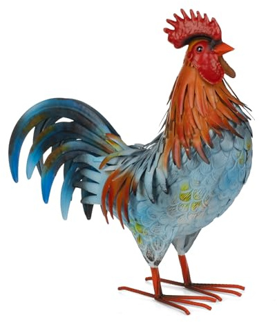 Moritz Deko Hahn Blau-Orange 46 cm - Gartenfigur Hühnerfigur aus Metall handbemalt - Landhausstil Vintage bunter Gockel freistehend für Garten Terrasse Balkon - Geschenk Frühling Ostern Muttertag