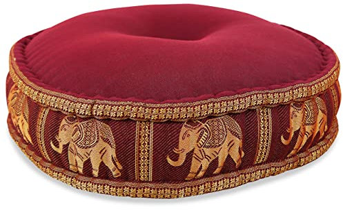 livasia Meditationskissen mit Thaiseide - Ø 45x15cm - Yogakissen mit Kapok, Pouf, Bodenkissen für Yoga und Zen Meditation, Sitzkissen für Garten und Balkon, Zafukissen (Rot/Elefanten Seide)
