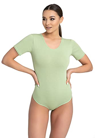 Evoni Damen Body kurzarm l Stringbody aus Baumwolle mit Rundhals l Kurzarmbody für Frauen l Tanga Bodysuit l String Body S grün