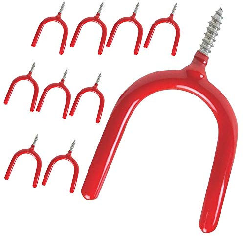 AIYoo Screw-in Hooks Storage Shed Garage Utility Hook Multi-Purpose Hooks Set Heavy Duty Wall Mount Vinyl Coated Storage Household Hooks for Garden Tools Shovels Rakes Red Pack of 10