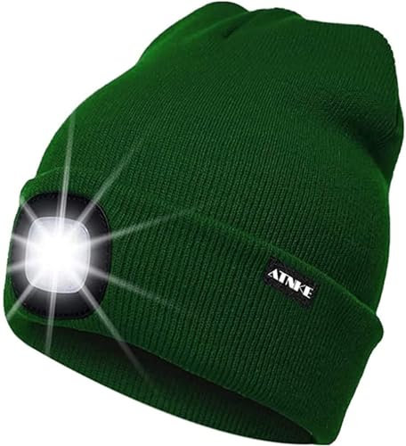 ATNKE LED Beleuchtete Mütze,Wiederaufladbare USB Laufmütze mit Licht Extrem Heller 4 LED Lampe Winter Warme Stirnlampe für Herren und Damen Geschenke/Green