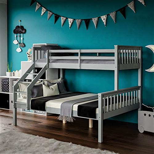 Bedding Home Pine Wood Triple Bunk Beds For Kids, Highly Durable Botton 3ft Single & 4.6ft Double Upper Wooden Frame Bunk Beds For Adults & Toddler (Grey)