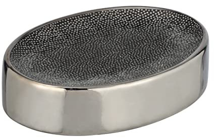 WENKO Seifenablage Nuria, Seifenschale zur Aufbewahrung von Handseife aus hochwertiger Keramik mit luxuriös-strukturierter Oberfläche in Silber/Anthrazit, 12 x 3 x 8 cm