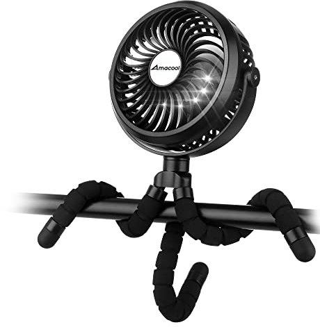 Amacool Battery Operated Stroller Fan Flexible Tripod Clip On Fan with 3 Speeds and Rotatable Handheld Personal Fan for Car Seat Crib Bike Treadmill(Black)