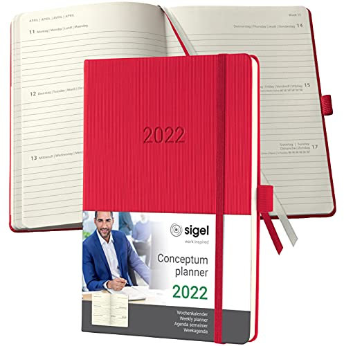 SIGEL C2264 Terminplaner Wochenkalender 2022 - ca. A5 - rot - Hardcover - 192 Seiten - Gummiband, Stiftschlaufe, Archivtasche - PEFC-zertifiziert - Conceptum