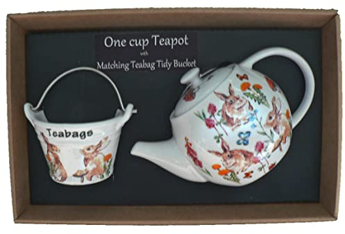 Rabbits 1 Cup teapot with Small Used Teabag Tidy Bucket