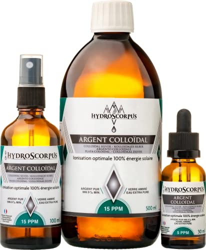 Argento Colloidale 15PPM e 5PPM Bottiglia di VETRO ●Ionizzazione 100% solare●Oligoelemento organico disponibile 100%●Confezione100% compostabili..