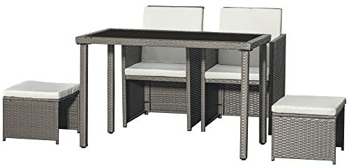 Outsunny Ensemble Salon de Jardin encastrable avec Grande Table rectangulaire 2 fauteuils et 2 tabourets Coussins Blanc Amovibles lavables résine tressée Imitation rotin Gris