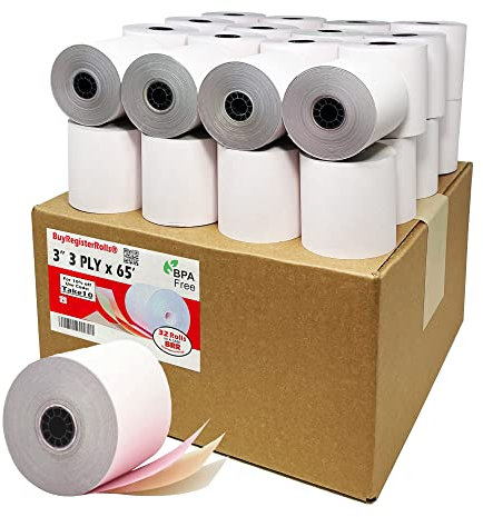 Papel de cocina sin carbono de 3 capas, 3 pulgadas, 65 pies (32 rollos), color blanco, canario/rosa, para TMU 220 BuyRegisterRolls (3 capas, 3 pulgadas, 65 pies)