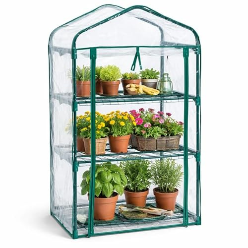 Mini Greenhouse 3 Tier Shelves – Compact Indoor Outdoor Greenhouse for Seedlings, Plants & Herbs – Portable Garden Growhouse with PE Cover & Steel Frame