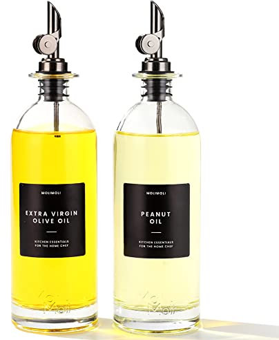 Molimoli Dispenser per Olio Cucina, Versatore Automatico, Bottiglia Sottile in Vetro per Cucina, Brocca per Olio d'Oliva, | Set di 2