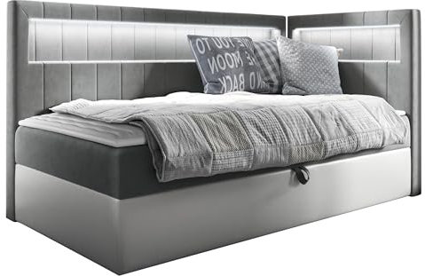 Mirjan24 Boxspringbett Junior Gladino III mit Bettkasten und LED-Beleuchtung Continentalbett Bonell-Matratze Topper Polsterbett Amerikanisches Bett (Soft 017 + Fresh 14, 90 x 200 cm, Seite: Rechts)