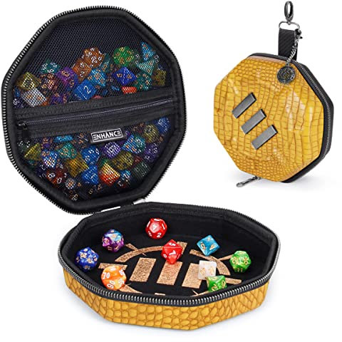 ENHANCE DnD Dice Tray and Dice Case - Collector's Edition DnD Dice Holder for up to 150 D&D Dice with Rugged Exterior and Protective Interior - Dice Rolling Tray Perfect for Game Night (Dragon Gold)