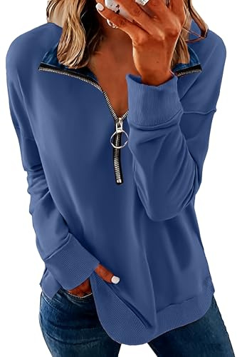 NEYOUQE half zip sweatshirt women v neck cotton jumper for women long sleeve tops ladies sweatshirt without hood women's sweatshirts Deep blue XXL