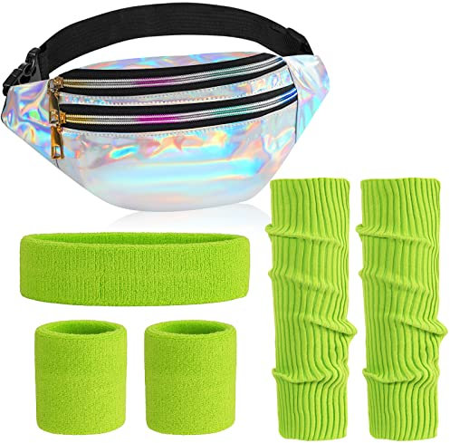 ONUPGO 80er Jahre Frauen Neon Beinwärmer Set Holographische Gürteltasche Stirnband Armbänder Set (Neon Green)