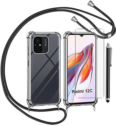 TTSWJBD Handykette für Xiaomi Redmi 12C Hülle mit Displayschutzfolie Schutzfolie, Necklace Handyhülle mit Abnehmbar Kordel zum Umhängen Transparent Silikon Schutzhülle mit Band in Schwarz