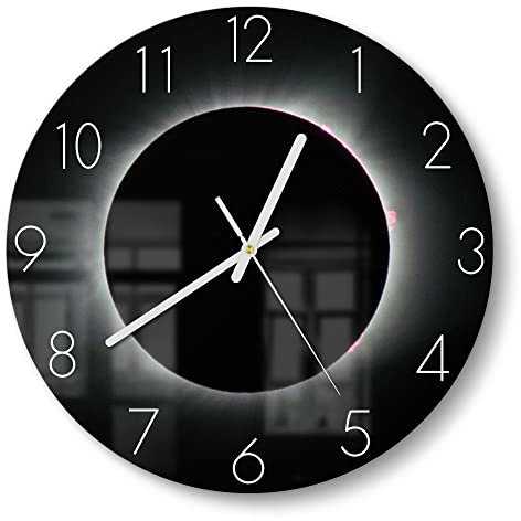 DEQORI Glasuhr | rund Ø 30 cm | Motiv Sonnenfinsternis | ausgefallene leise Design Uhr aus Glas | Wanduhr für Wohnzimmer & Küche | Moderne Hingucker Uhr für die Wand