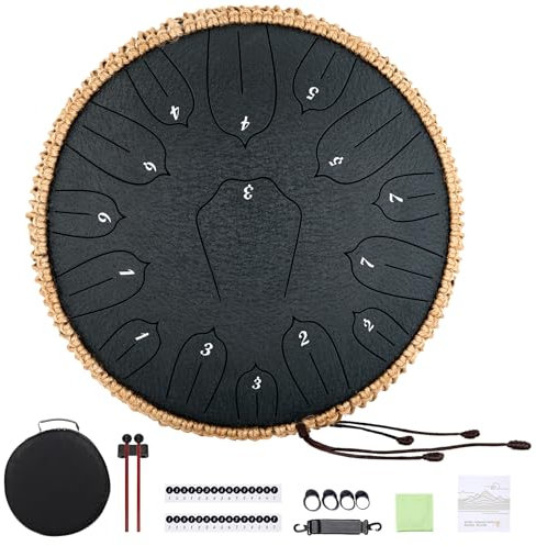 Steel Tongue Drum 12 Zoll 15 Noten: Handpan Drums Set mit Notenbuch Schlägel Tragetasche - Hand Pan Instrument für Erwachsene Musikerziehung Meditation Yoga Chakra (Schwarz)
