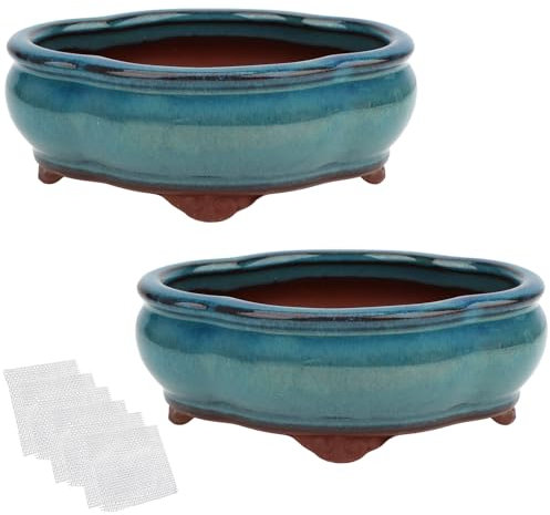 Lot de 2 pots à bonsaï émaillés de 14,5 cm + 6 grilles de drainage en maille souple