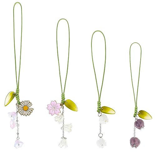 cobee Paquete de 4 colgantes creativos para teléfono móvil, diseño de tulipán, correa para teléfono, bonito llavero con cordón, llavero de tulipán, adorno de cuerda para teléfono celular, coche