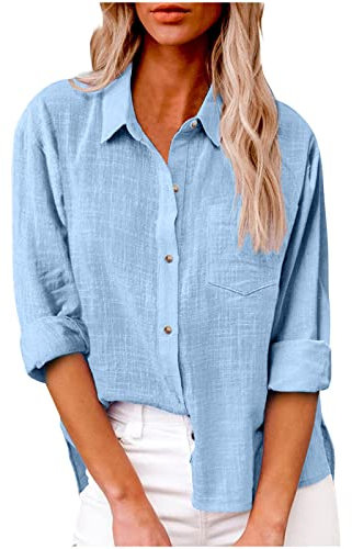 Women's Tops Party Elegant Short/Long Sleeve Tops For Work UK Cotton Linen Blouse Button Down Casual T Shirts Business Office Tunic Tops With Breast Pocket Oversized Plus Size Tops Light Blue XL