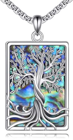 YAFEINI Tree of Life Necklace Jewellery for Men Sterling Silver Abalone Shell Family Tree of Life Pendant Gift for Women Girls (N-Rectangular tree of life necklace)