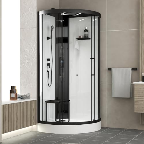 Cabine de douche 1/4 de cercle 95x95x218 cm - Fonction HAMMAM, Jets Hydromassants, Led et Bluetooth
