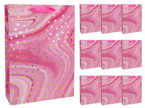 Idena 30378-10 - Pochettes cadeaux Dot, 10 pièces, pochettes cadeaux de 25 x 8 x 34,5 cm, pochettes en papier rose à pois dorés
