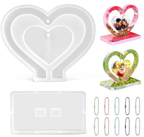 Moule en Silicone en Forme de Cœur Réutilisable 2pcs Moule Cadre Photo Resine Epoxy Flexible Moule Silicone Resine Epoxy Coeur Lavable 18.6x15.4cm pour Décoration de Bureau Artisanat de Maison