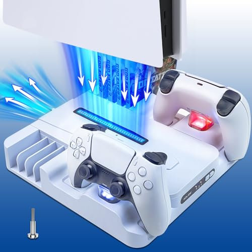 PS5 Stand with Cooling Station and Dual Controller Charger for PS5/PS5 Slim Console, PS5 Accessories Cooling Stand with 3 Level Cooling Fan, Headset Holder, 8 Game Slots