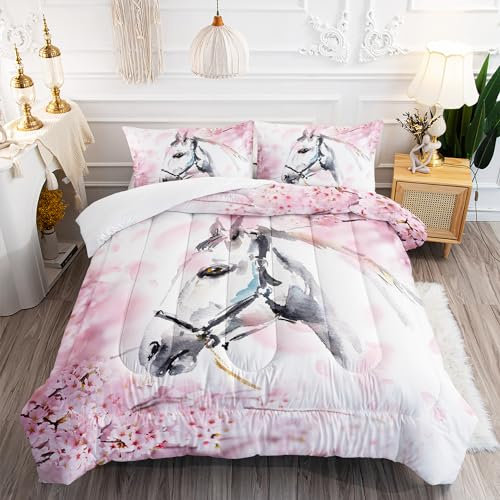 XYNHML Bettwäsche-Set für Kinder, Pferde, Queen-Size-Zimmer, florales Tiermotiv, hübsches Pferd, schickes Kirschblüten-Bettwäsche-Set, Wildtier-Dekor, Steppdecken-Set für Mädchen und Erwachsene, 1