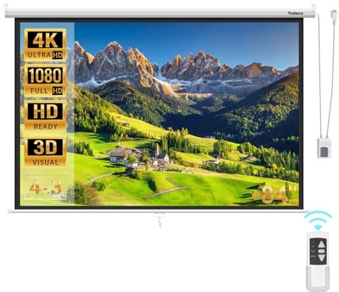 Todeco Écran de Projection Moteur 84 Pouces, Écran de Moteur avec télécommande, Fixation Mur ou Plafond, pour Home Cinéma et Entreprise, 128 x 170 cm, Formats 4:3, HD 4K 3D