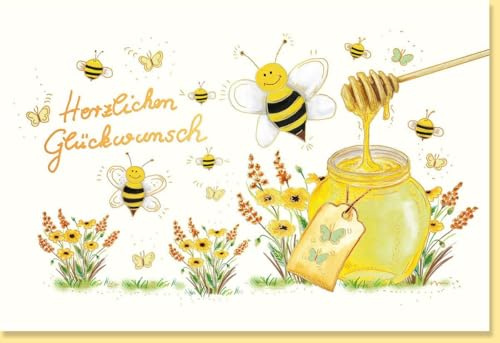 Skorpion Geburtstagskarte & Gratulation - Handgeschrieben, Blumen & Bienen, Naturkarton mit Goldfolie, Honigglas-Motiv in Gelb für Erwachsene & Kinder - mit Umschlag