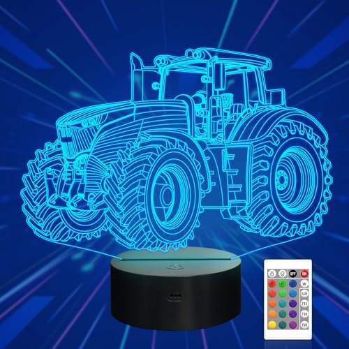 CooPark 3D Traktor Nachtlicht, Truck Illusions Hologramm Nachttisch LED Lampe mit 16 Farbwechseln, Dimmbarer Timer, Coole Schlafzimmer Tischdekoration Geburtstagsgeschenk für Kinder Jungen Teenager