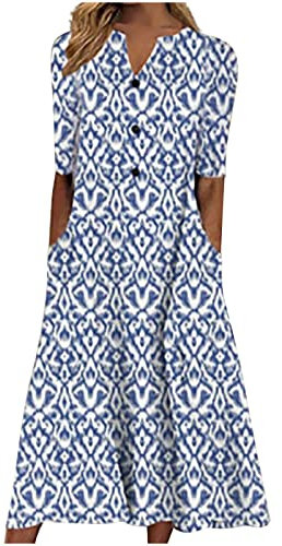Favorites Summer Dresses for Women 2024 Clearance Causal V-Neck Button Short Sleeve Vacation Dress with Pockets Boho Printing Dress Party Elegant Beach Dress Club Cocktail Work Dresses UK
