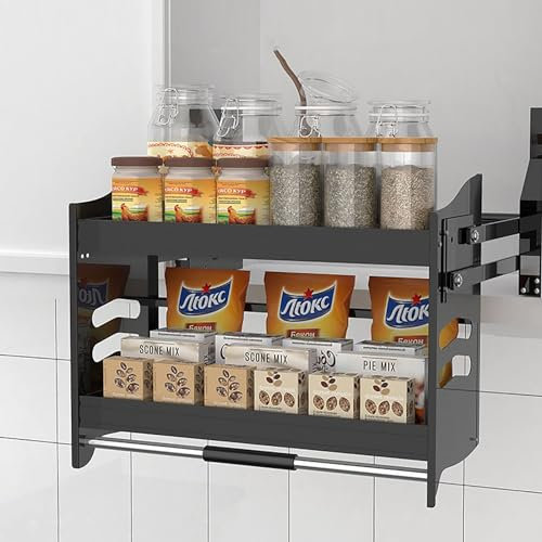 LINFFER Etagère Coulissante à 2 Niveaux pour Armoire de Cuisine, Rangement D'épices, Etagère Coulissante Sous L'armoire de Cuisine pour Ranger Les Assiettes et Les Bols (Size : 34x11x21.3)