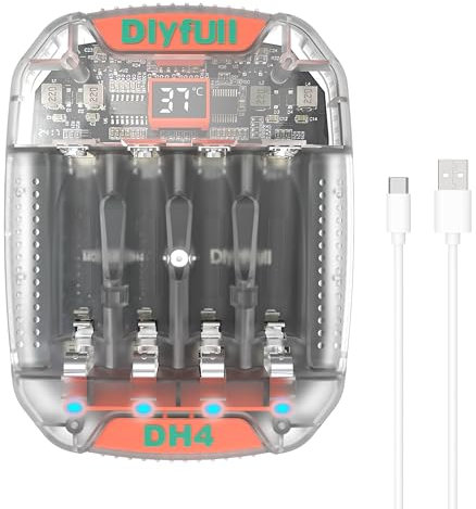 Dlyfull Batterie Ladegerät,USB-C Eingang 4-Ladeplatz Akku Ladegerät AA AAA, Kompatibel mit 1,2V NIMH 1,5V Li-ionen wiederaufladbare Batterien,500mAh gleichzeitiges Laden Transparentes Akkuladegerät
