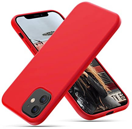 CALOOP Liquid Silicone Case Designed for iPhone 12 Mini Case 5.4 inch, Full Body Protective Covered Silky-Soft Anti-Scratch Gel Rubber Slim Shockproof Cover with Microfiber Lining, Red