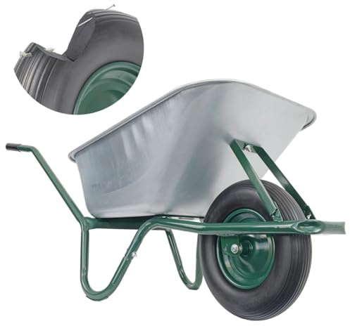 Matrix Schubkarre 100l Liter 250 kg pannensichers PU-Rad Schubkarren groß Garten Scheibtruhe Bauschubkarre | Mulde verzinkt | Metall Felge mit Kugellager | Farbe grün