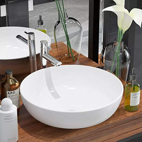 Iiaky Waschbecken Rund Keramik Weiß 41,5 x 13,5 cm Ablaufgarnitur für Waschbecken mit Überlauf Aufsatzbecken Aufsatzwaschbecken Aufsatzwaschtisch