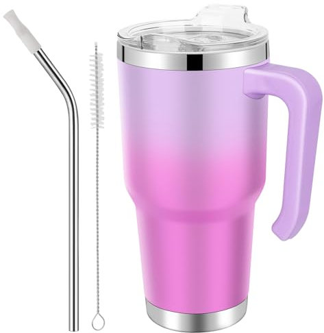 EQARD Mug Isotherme Cafe avec Paille Poignée Tasse de Voyage avec Couvercle étanche Gobelet Inox avec Tube Brosse Thermos Cafés pour Chaud ou Glacé Tous Sans BPA (RoseRouge, 30oz Couvercle à Vis)