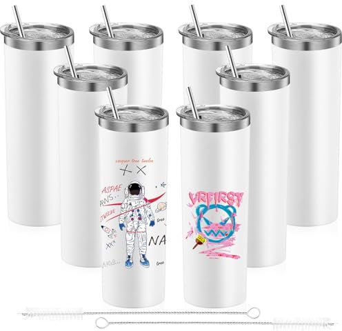 8 Pack 20 OZ Vaccum Insulated Tumbler Bulk, Stainless Steel Skinny Tumbler with Lid and Straw, Leakproof Travel Mug Blank for Water, Iced Tea, Coffee and Smoothie (White)
