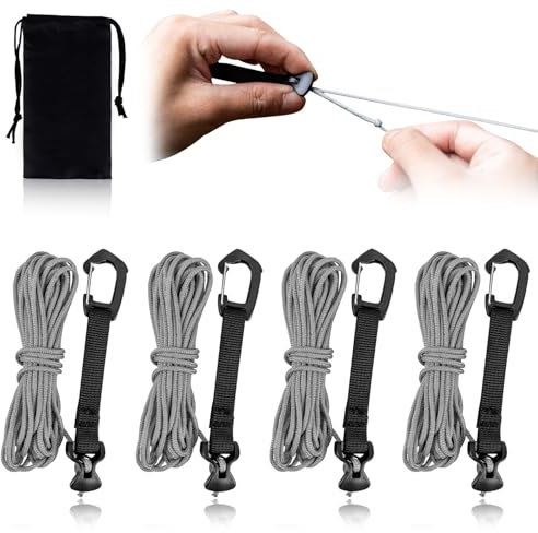 4M Reflective Tent Guy Ropes - Ultralight Outdoor Tent Guide Rope with Locking Carabiner Clip,2mm 100% Nylon Cord Wind Line for Awning Camping Hiking Tents (Grey, 4M)
