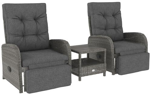 Outsunny 3 Pieces Rattan Bistro Set, Wicker Balcony Furniture Set with Reclining Sun Loungers, 2-Tier Coffee Table and Cushions, 2 Seater Garden Furniture for Outdoor Patio Balcony, Grey