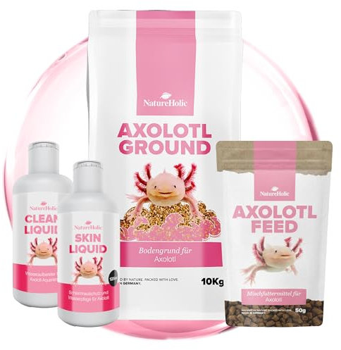 NatureHolic Axolotl Rundum-Sorglos-Paket | Komplett-Set für Axolotl mit Futter, Wasserpflege & Bodengrund | Weiches Softfutter, natürlicher Schleimhautschutz, Wasseraufbereiter & Spezialkies